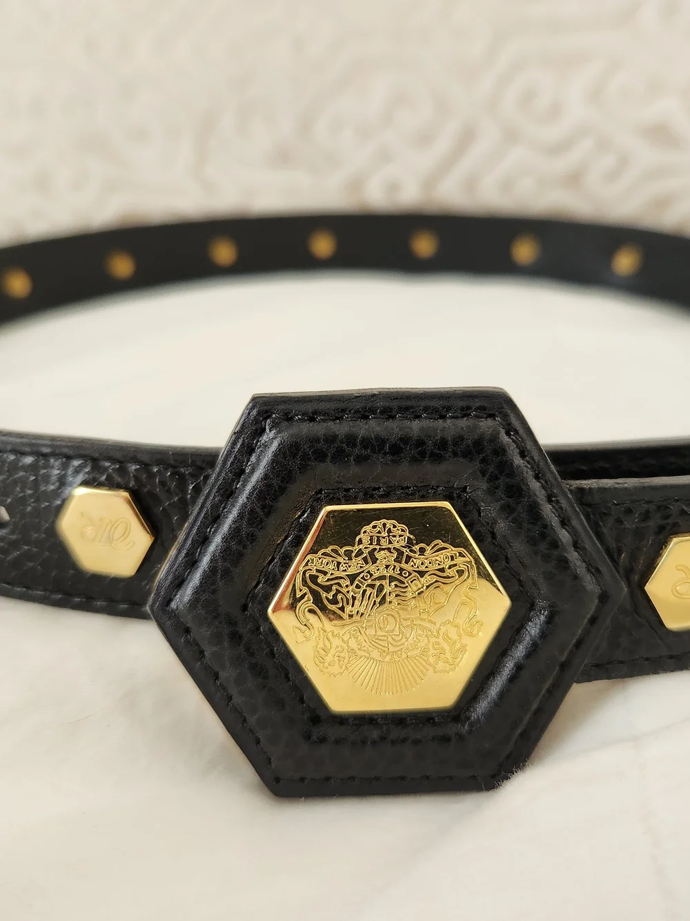 Vintage Revillon Paris Black Calf Leather Studded Belt Gold Crest Hexagon Buckle